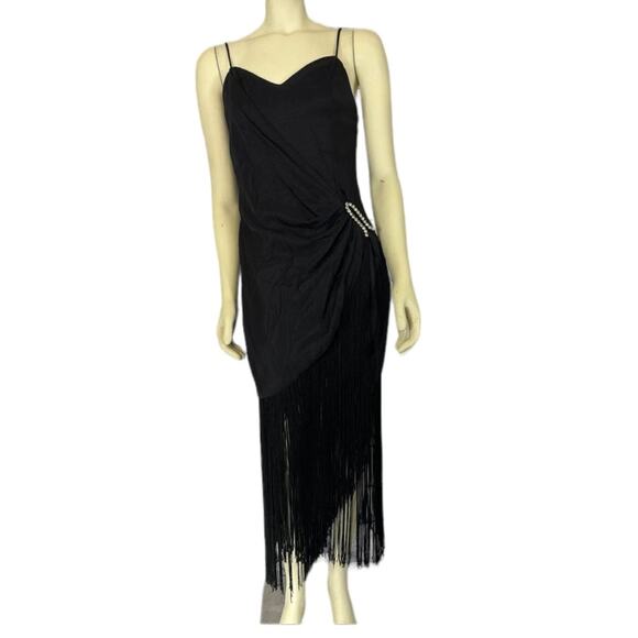 Vintage Dave & Johnny faux wrap fringed flapper dress gathered to side small - Picture 5 of 12
